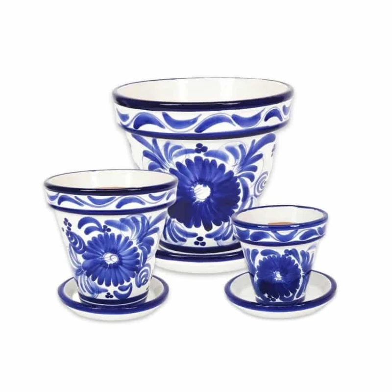 Image of Verano Spanish Ceramics Blue Floral Hand Painted Set of 3 Classic Pots & Drainage Plates (D) 16-29cm Blue