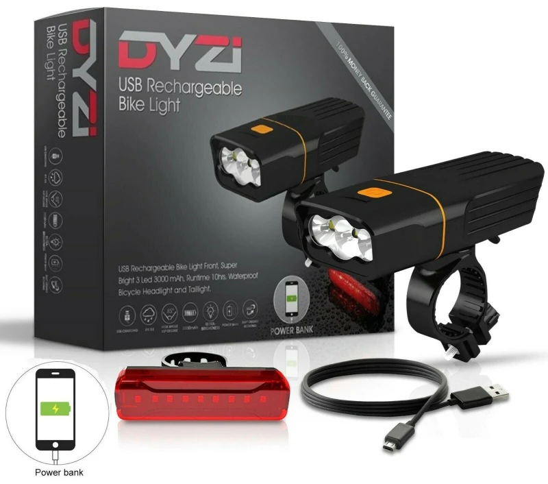 Image of Dyzi Rechargeable Bike Lights Set 3000mah Lumens Waterproof Black