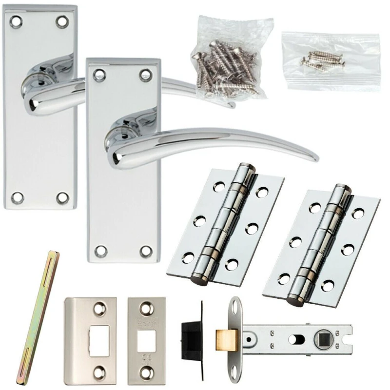 Image of Loops Door Handle & Latch Pack Chrome Arched Lever on Square Backplate 150 x 43mm Multi