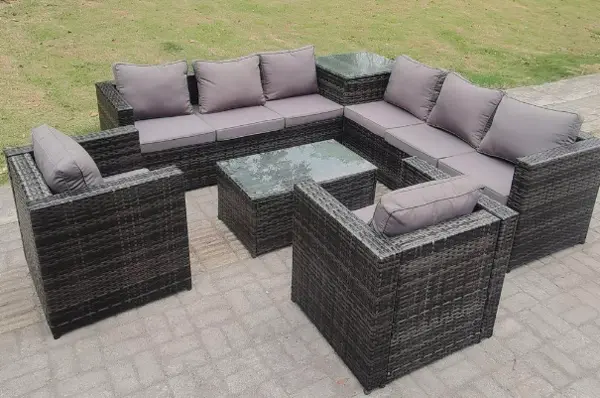 Image of Fimous 8 Seater Outdoor Dark Grey PE Wicker Lounge Complete Sofa Set with Lounge Chair and Coffee Table