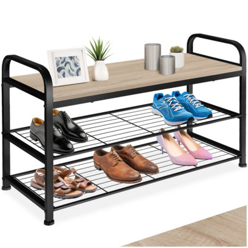 Image of Tectake Shoe Rack Southampton - Surface Shelf And 2 Grid Shelves, Industrial Style - Industrial Wood Light, Oak Sonoma