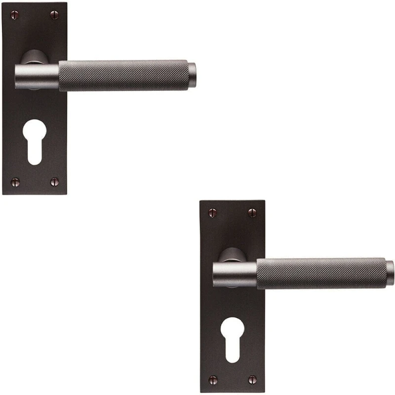 Image of Loops 2x PAIR Knurled Round Handle on Slim Euro Lock Backplate 150 x 50mm Matt Bronze Multi