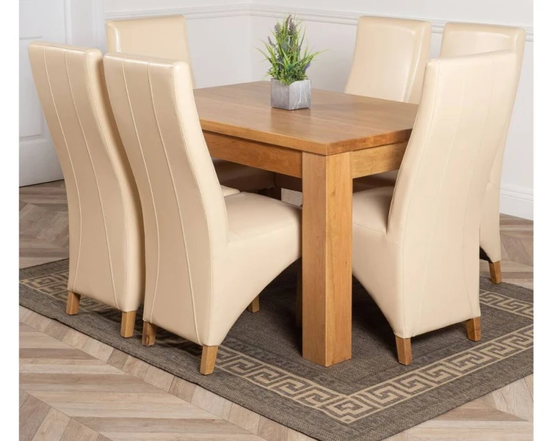 Image of Thats Furniture Dakot 127 x 82cm Oak Small Dining Table & 6 Lola Leather Chairs in Cream Size: 127 x 82cm Cream Unisex 127 x 82 cm