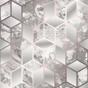 Image of Elixir - Cube Rose Gold Geometric Marble Bedroom Wallpaper Living Room Wallpaper Rolls - Rose Gold