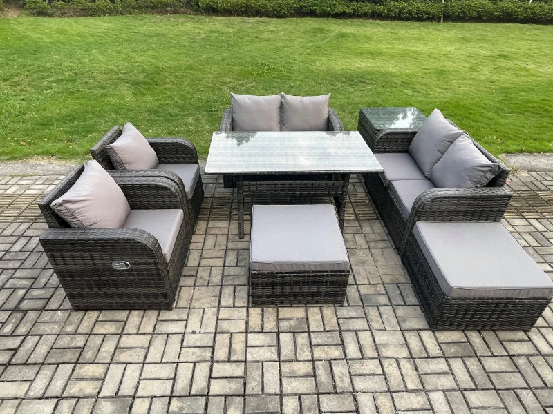 Image of Fimous Outdoor Rattan Garden Furniture 8 piece Grey Patio Furniture Set 8 Seater Lounge Sofa Set with Rectangular Table in Dark Grey Dark Grey Unisex