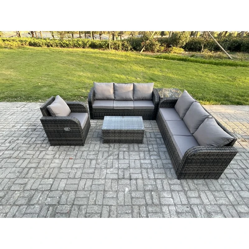 Image of Fimous 7 Seater Rattan Outdoor Garden Furniture Sofa Set Patio Table & Chairs Set with 3 Seater Sofa Reclining Chair 3 Seater Sofa Side Table Dark Gre