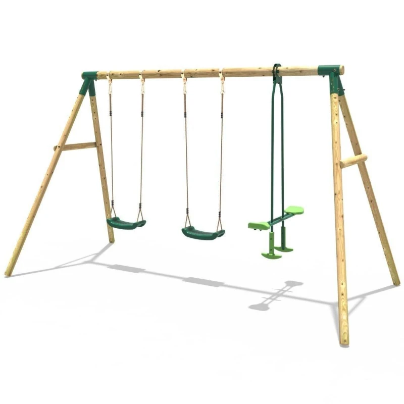 Image of Rebo Wooden Garden Swing Set with 2 Swings and Glider - Neptune Green Green