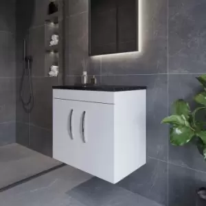 Image of Nuie - Athena Wall Hung 2-Door Vanity Unit with Sparkling Black Worktop 600mm Wide - Gloss White