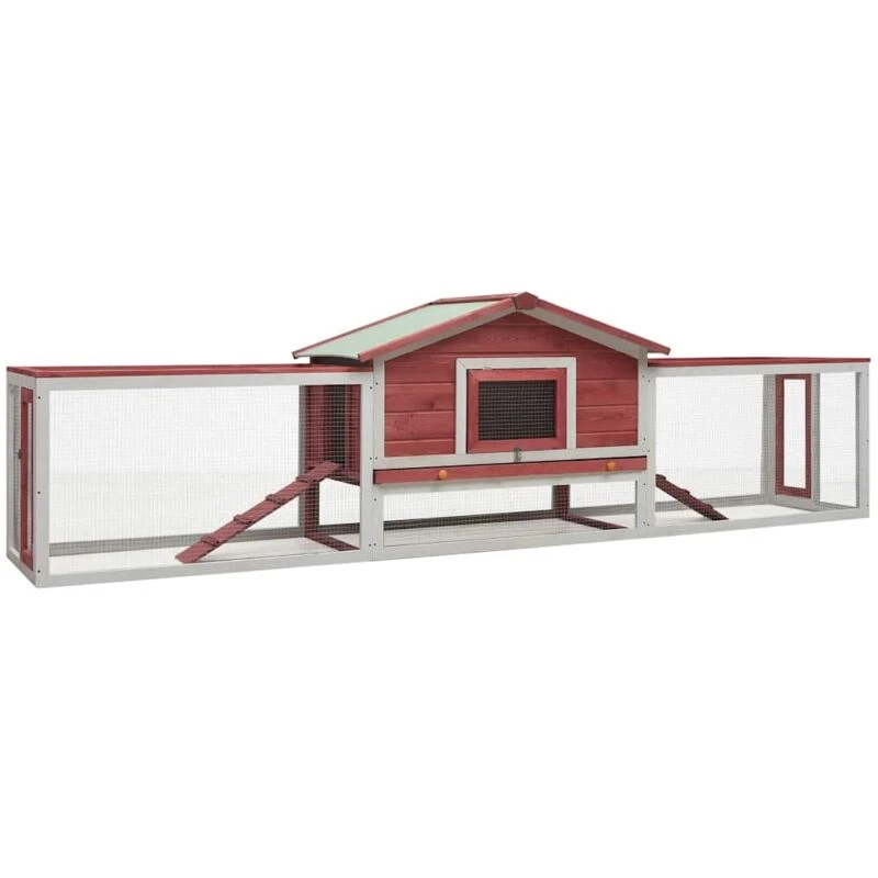 Image of vidaXL Solid Pine & Fir Wood Rabbit Hutch Red Outdoor Wooden Rabbit House