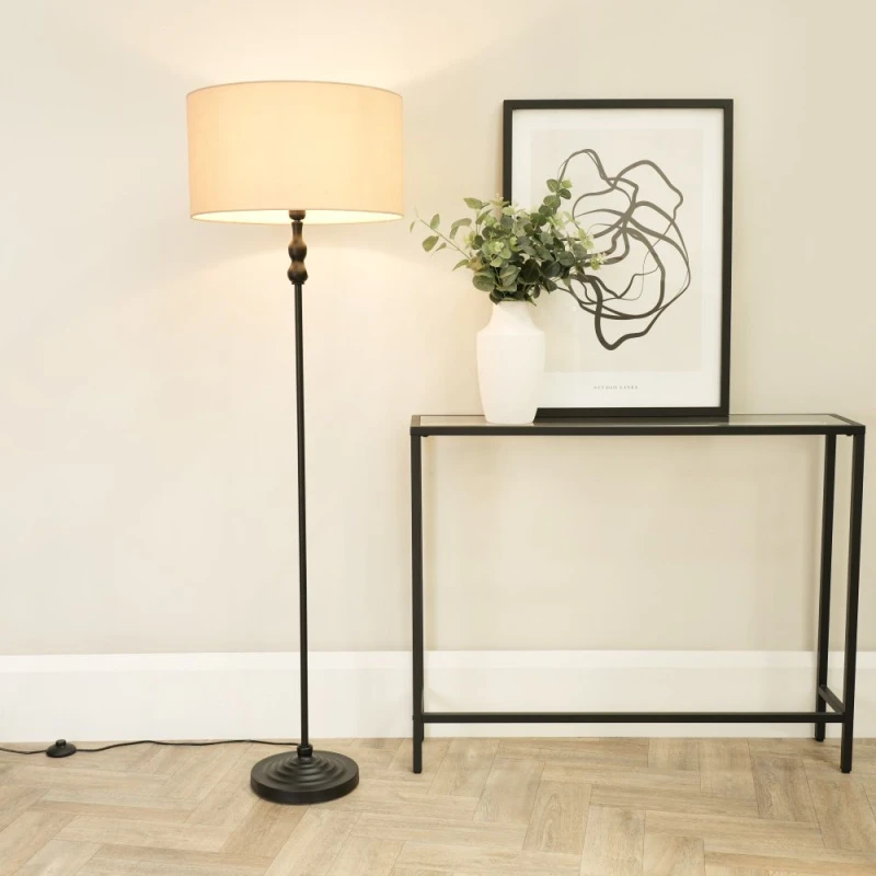 Image of ValueLights Maggie Black Metal Candlestick Floor Lamp with Fabric Lamp Shade Natural