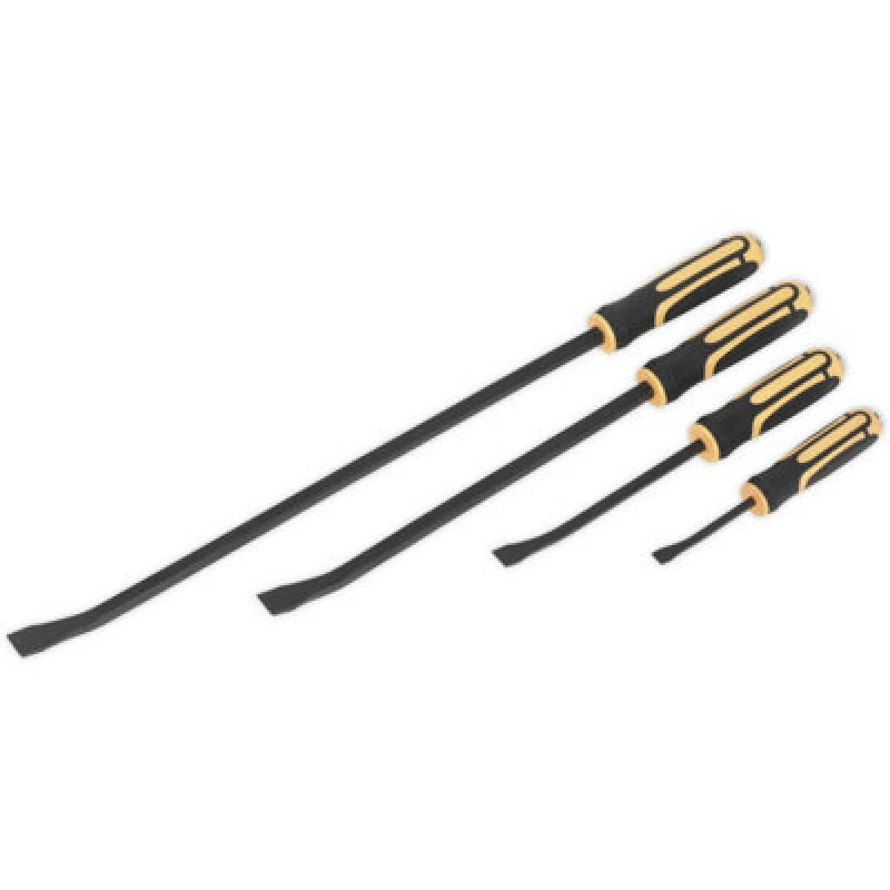 Image of Loops 4 Piece Heavy Duty Angled Pry Bar Set - Hammer Caps - Hardened Steel - Soft Grip Metallics