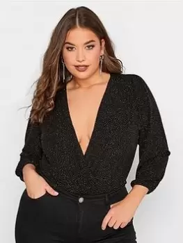 Image of Yours Glitter Party Wrap Bodysuit - Black, Size 20, Women