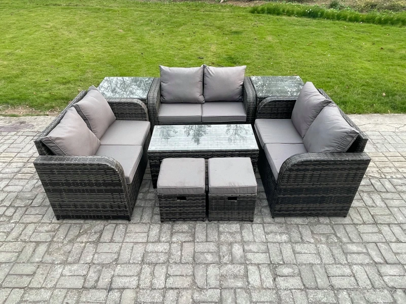 Image of Fimous Outdoor Garden Furniture Sets 8 Pieces Wicker Rattan Furniture Sofa Sets with Rectangular Coffee Table Love seat Sofa 2 Small Footstools Dark G