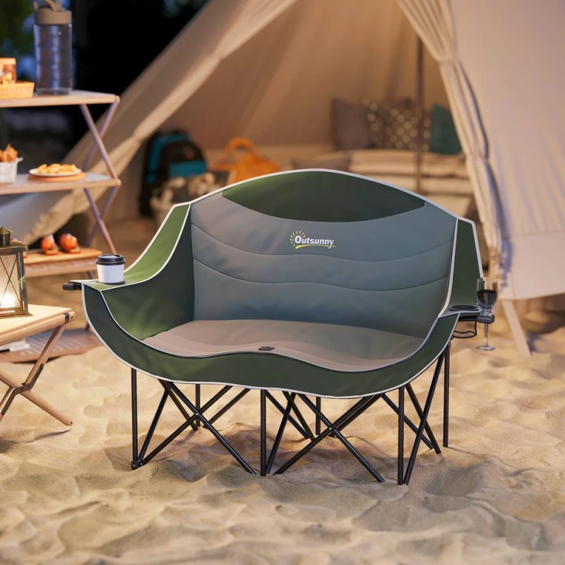 Image of OUTSUNNY Double Camping Chair for Adults with Armrests, Cup Holders, Green Green Unisex