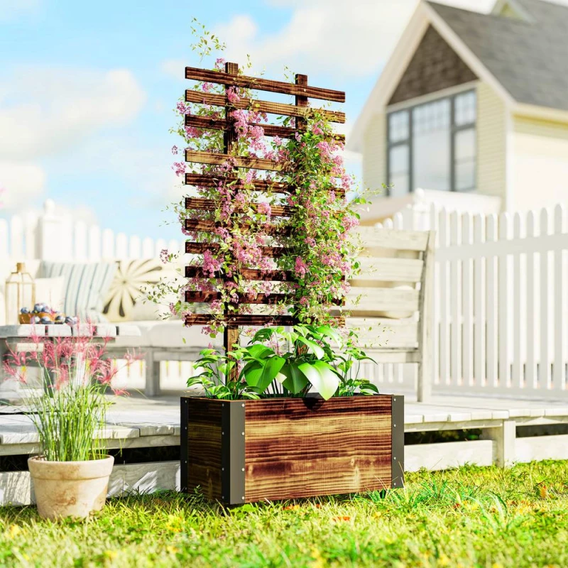 Image of OUTSUNNY Raised Garden Bed, Wooden Planter with Trellis & Wheels in Brown Brown Unisex