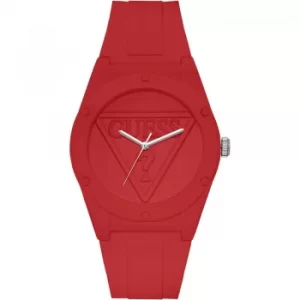Image of GUESS Retro Pop red silicone watch with red logo dial.