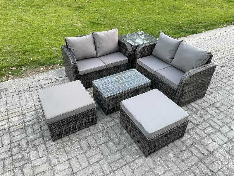 Image of Fimous 6 Seater Garden Furniture Set Rattan Outdoor Lounge Sofa Chair With Tempered Glass Table 32 Big Footstools Side Table Dark Grey Mixed Dark Grey