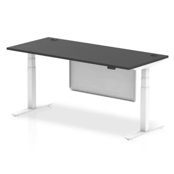 Image of Air Black Series 1800 x 800mm Height Adjustable Desk Black Top with Cable Ports White Leg With White Steel Modesty Panel