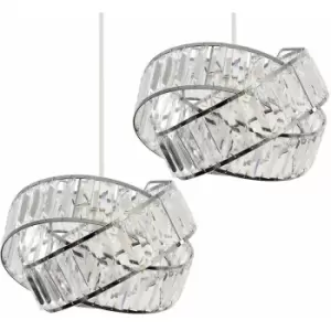 Image of 2 x Chrome & Clear Acrylic Jewel Ring Ceiling Pendant Light Shades - No Bulbs