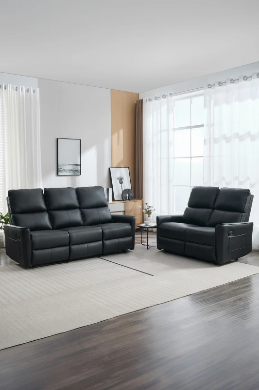 Image of More4Homes Madrid 2+3 Seater Manual Air Leather Recliner Sofa Set Black