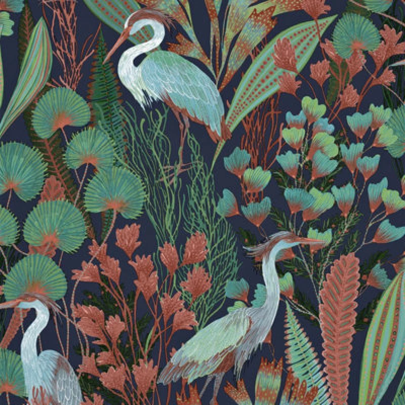Image of Grandeco Tropical Crane Navy Textured Wallpaper, Navy Green Pink