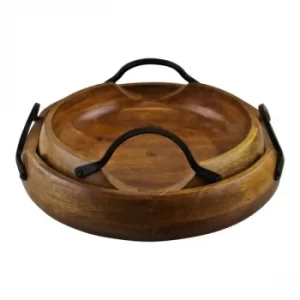 Image of Set Of 2 Mango Wood Bowls With Metal Handles