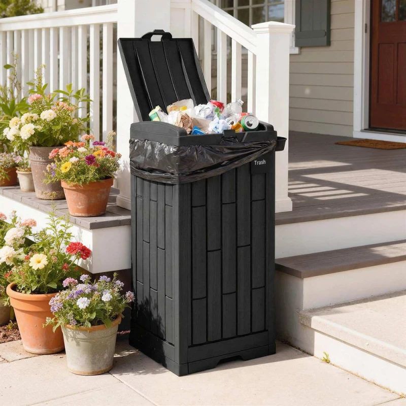 Image of OUTSUNNY 110 L Outdoor Bin with Dual Lid, Ashtray, Drip Tray, Black Unisex