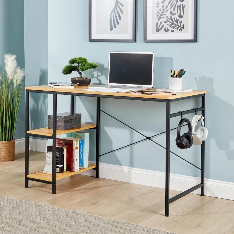 Image of Home Source Stanton Computer Desk Light Oak Adjustable Shelves Storage Hook Home Office Workstation