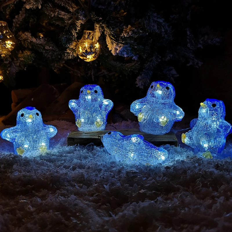 Image of Set of 5 Acrylic Light Up LED Penguins Christmas Penguin Decorations Battery Powered