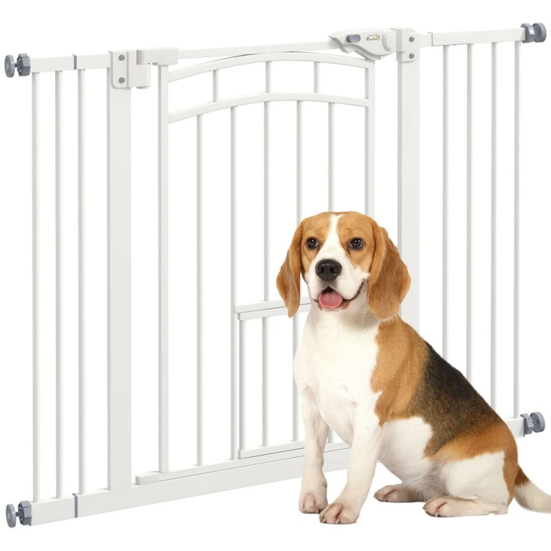 Image of PawHut Pressure Fit Safety Gate, Dog Gate w/ Small Cat Door, 74-100cm Openings, White D06-212V01WT