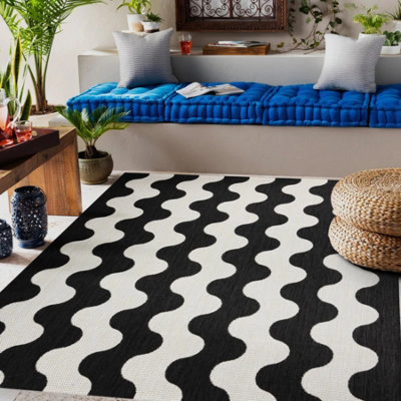 Image of RugsX Carpet Sisal Flat 49377690 Waves Cream / Black 80X150 Cm