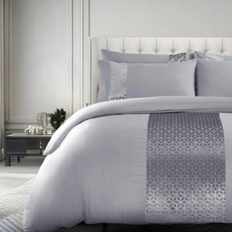 Image of Velosso Elegant Foil Printed Duvet Cover & Pillowcase Set, Luxury Bedding, Modern Bed Covers With Stylish Geometric Pattern, - Silver