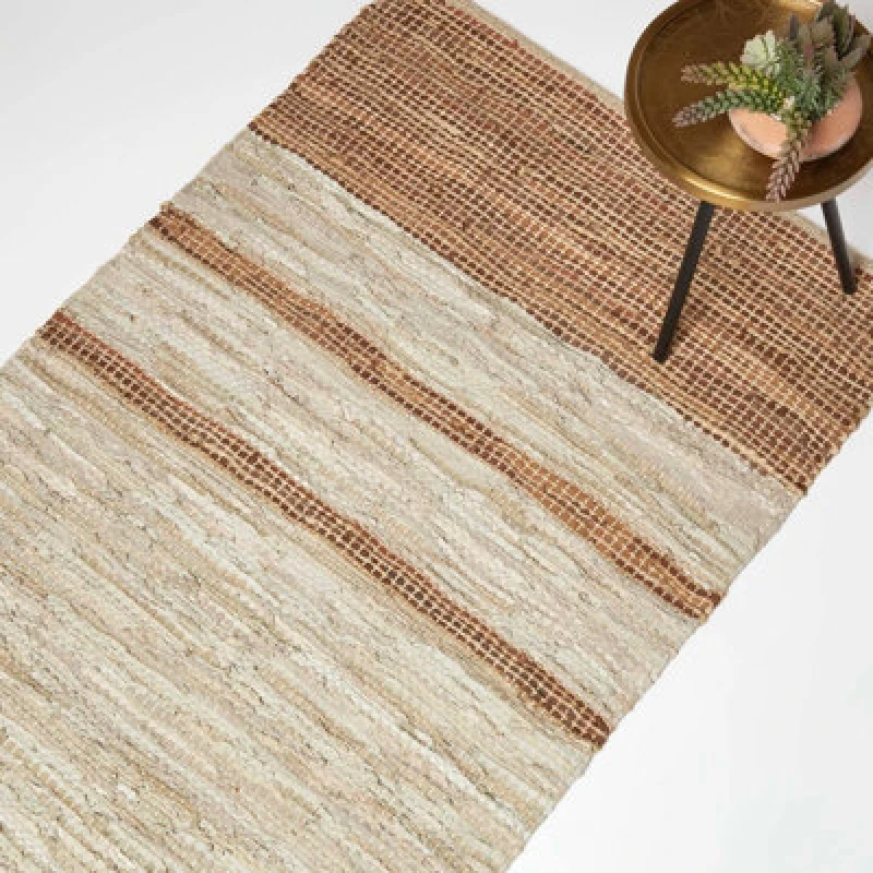 Image of HOMESCAPES Homescapes - Brown Recycled Leather Handwoven Stripe Rug, 90 x 150cm RU1413C