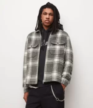 Image of AllSaints Mens Honshu Check Shirt Jacket, Paving Grey, Size: M