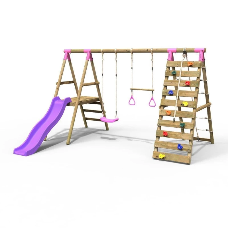 Image of Rebo Wooden Swing Set with Trapeze, Climbing Wall and Slide - Jasper Pink Pink