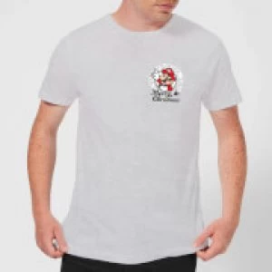 Image of Nintendo Super Mario Mario Merry Christmas Pocket Wreath Grey T-Shirt - M