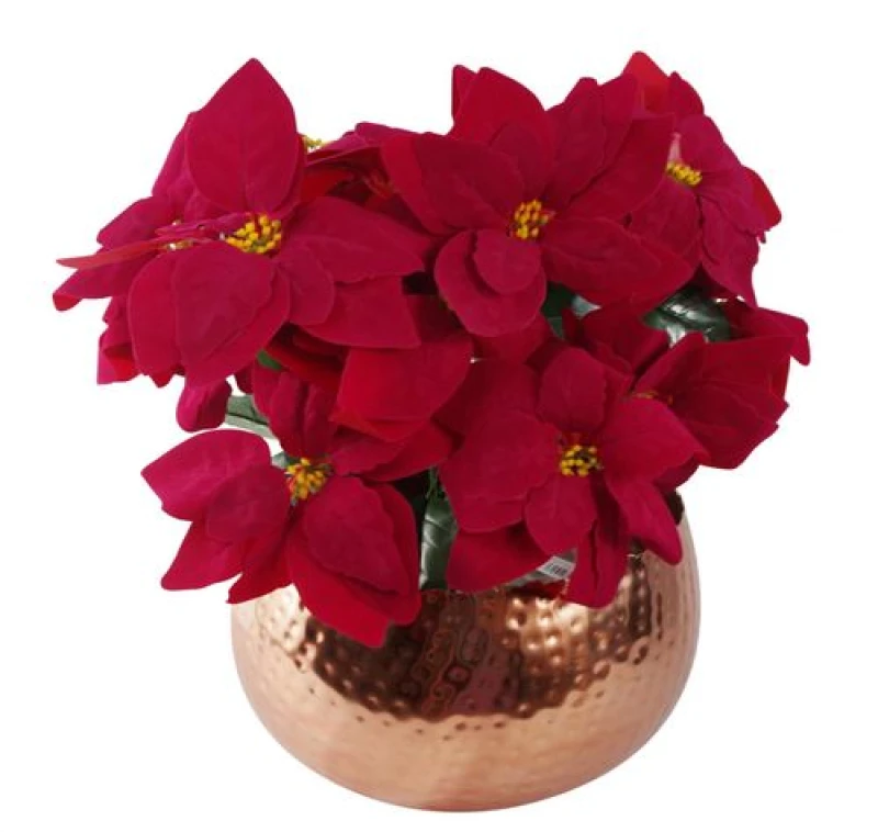 Image of Leaf Artificial Christmas Xmas Poinsettias Copper Curve Large Metal Planter Red