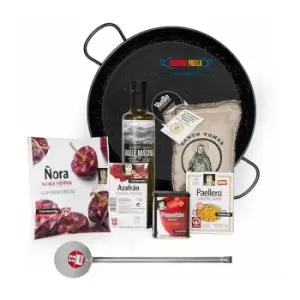 Image of Complete Paella Starter Set with 36cm Enamelled Paella Pan, Olive Oil, Spoon, Paprika, Paella Spices, Saffron and Rice