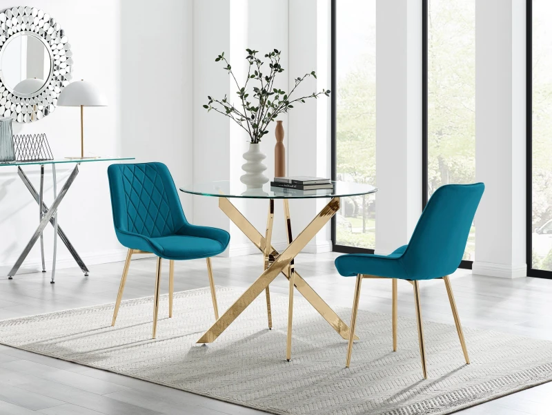 Image of FurnitureboxUK FurnitureboxUK Novara 100cm Round Gold Leg Dining Table & 2 Pesaro Gold Leg Chairs in Blue Blue One Size Unisex 5056784304662