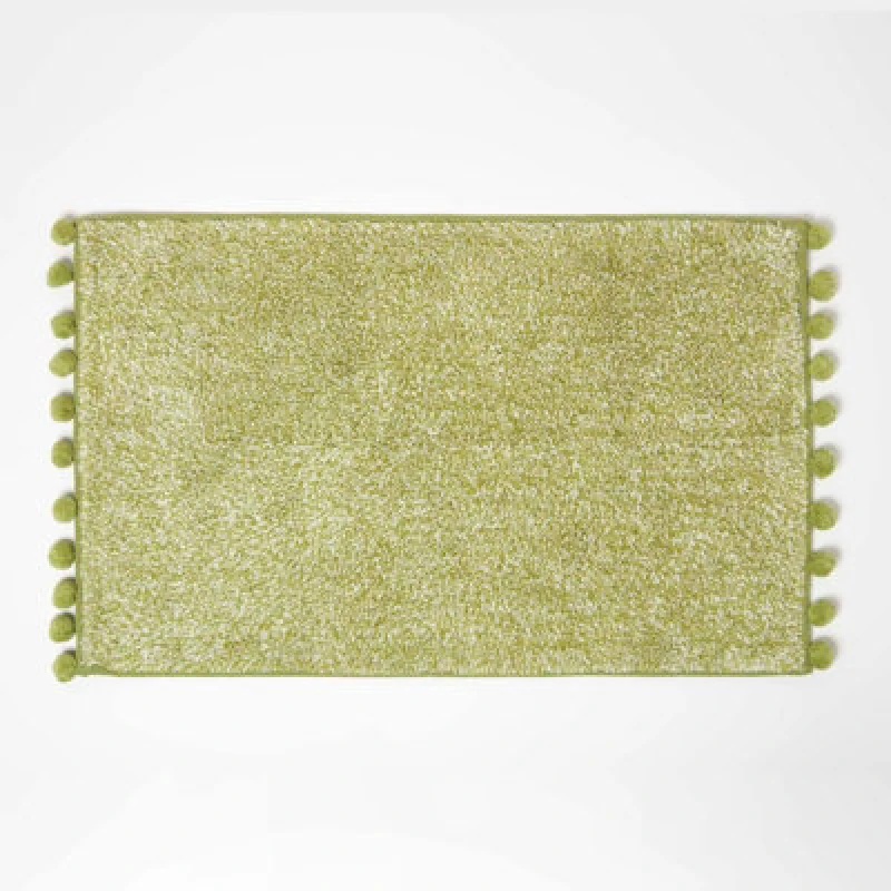 Image of Homescapes Tufted Bath Mat 100% Cotton with Pom Pom Edges Green