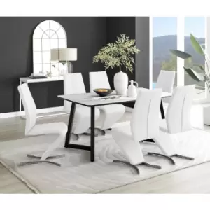 Image of Furniturebox Carson White Marble Effect Rectangular 160cm Dining Table & 6 White Willow Faux Leather Chairs