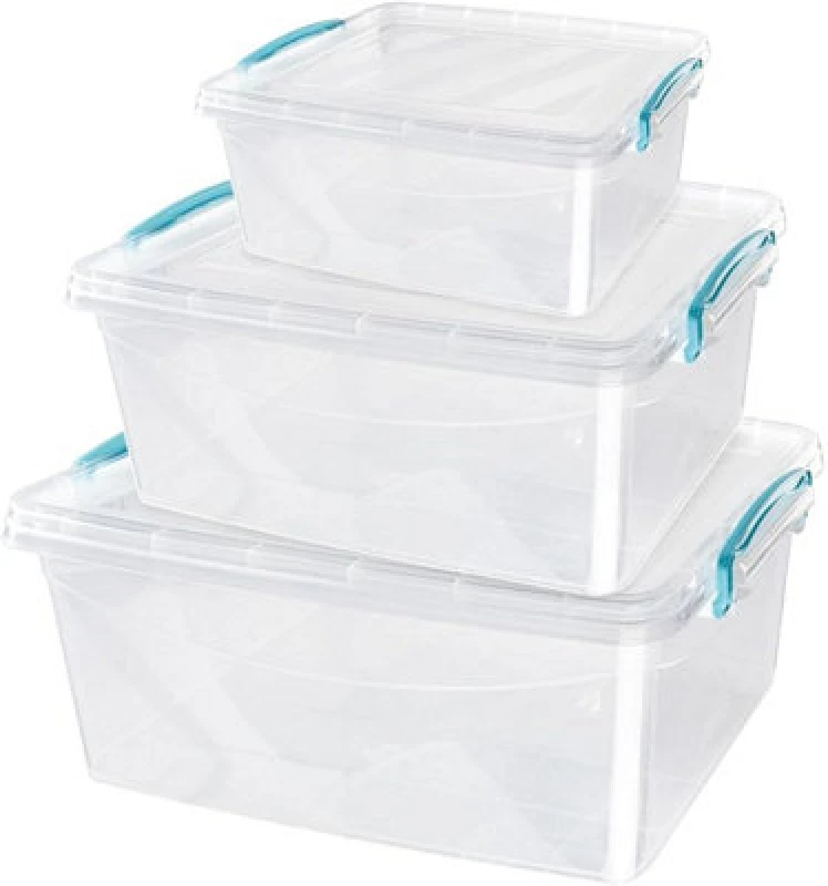 Image of Jvl Plastic Clip Lidded Food Storage Box, Stackable & Nestable, Set Of 3, 1.6L, 3L, 5L