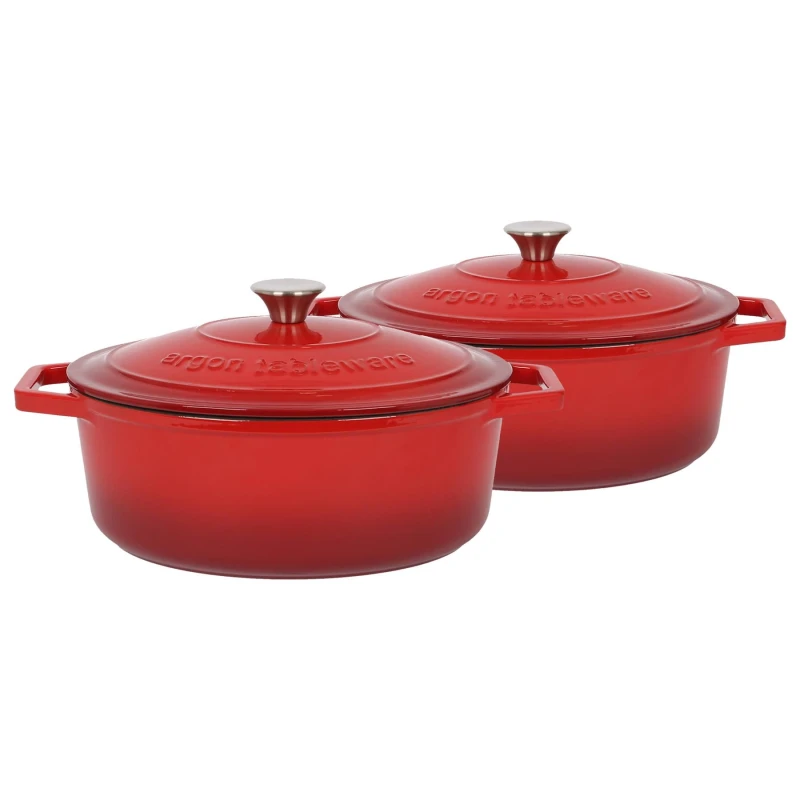 Image of Argon Tableware 2x Oval Cast Iron Casserole Dishes with Self Basting Lid - 4.68L in Red Red Unisex