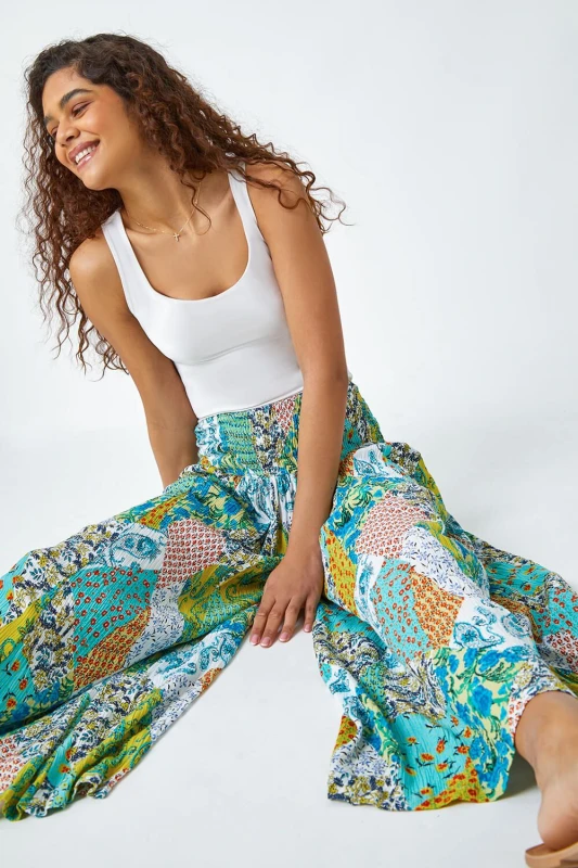 Image of Roman Womens Paisley Elastic Waist Palazzo Trousers in Aqua Female One Size