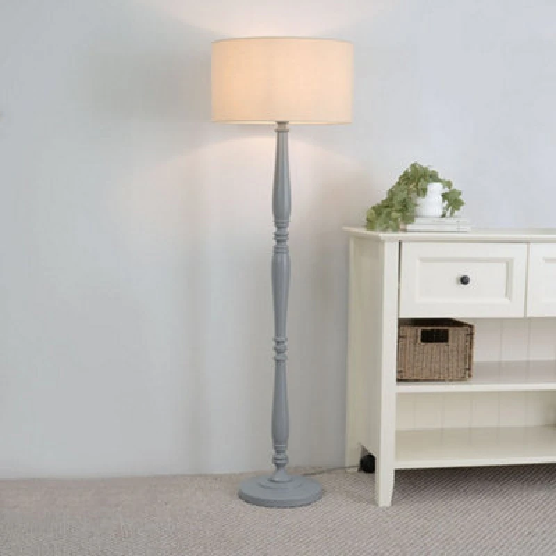 Image of ValueLights Victoria Grey Wood Traditional Stem Floor Lamp with Fabric Drum Shade & LED Bulb Natural