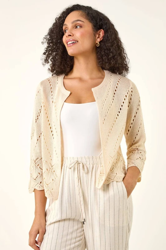 Image of Roman Womens Pointelle Knit Cardigan in Ivory Size: 12 Ivory Female 12
