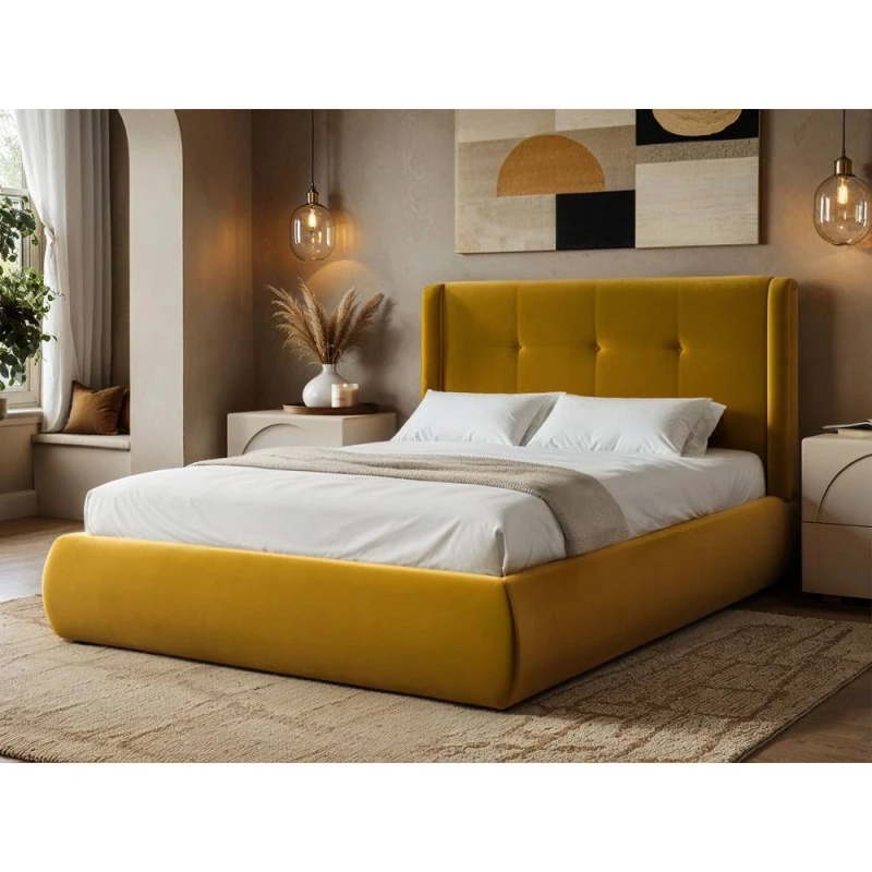 Image of Solace+Co Monte Gold Velvet Winged Button Headboard Ottoman Bed Size: King Gold Unisex King