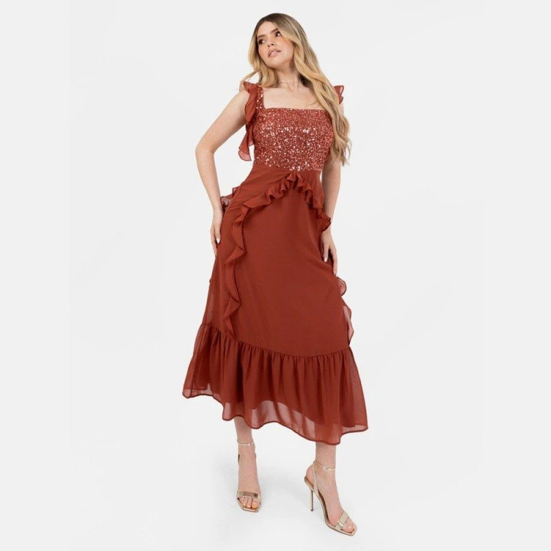 Image of Maya Deluxe Maya Embellished Strappy Midi Dress with Ruffle Detail Rust female 6 (2XS)