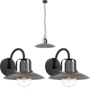 Image of Ceiling Pendant Light & 2x Matching Wall Lights Black Nickel Modern Metal Shade