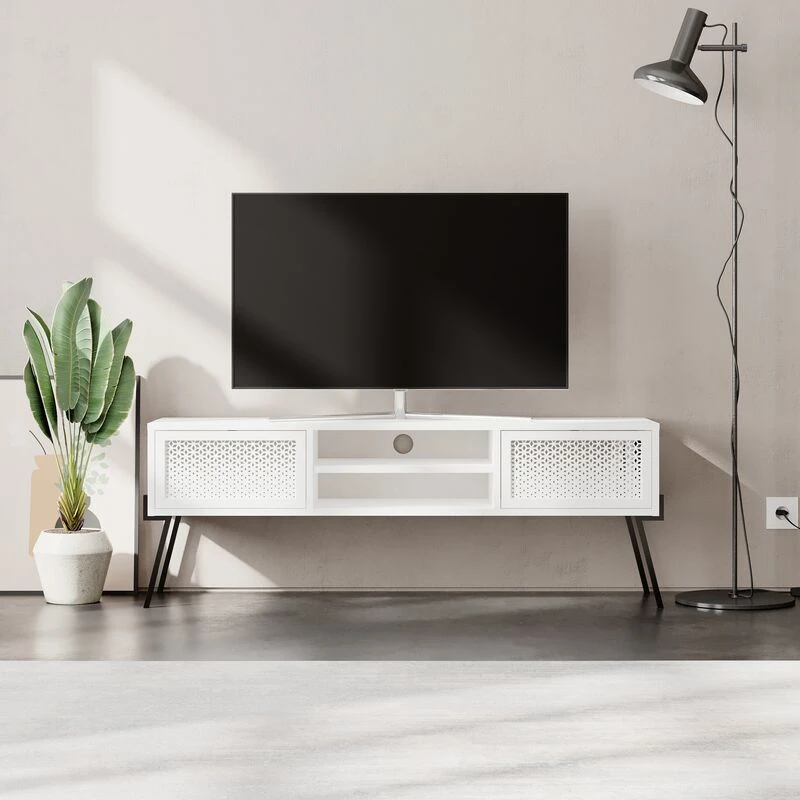 Image of DECORTIE Decortie Naive Modern TV Stand Multimedia Centre TV Unit White With Storage Cabinet 140cm M.TV.23264.2